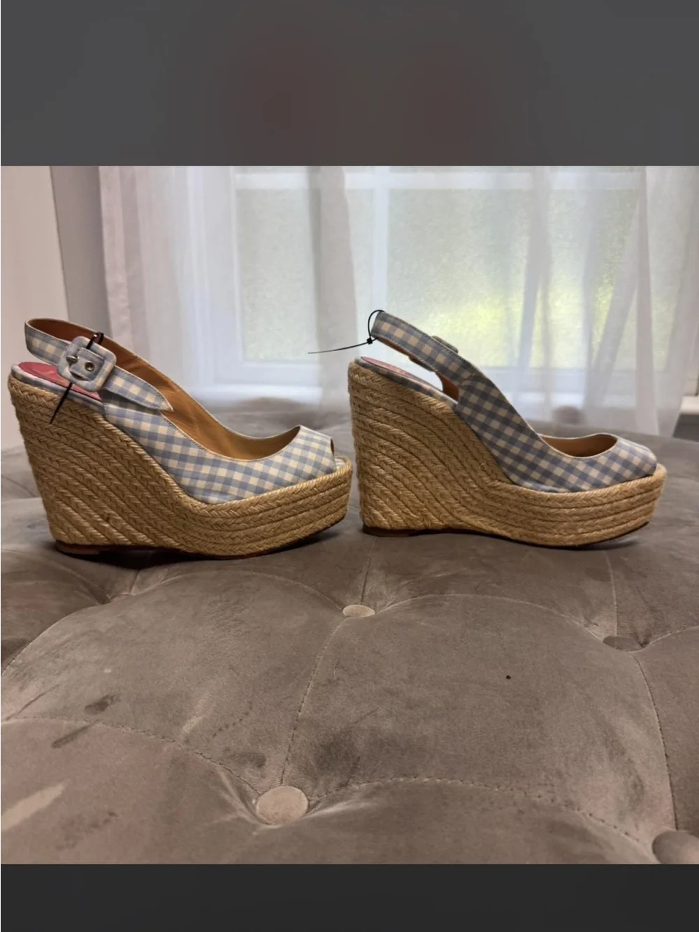 Christian Louboutin Gingham Wedge Espadrille Sandals - Light Blue/White